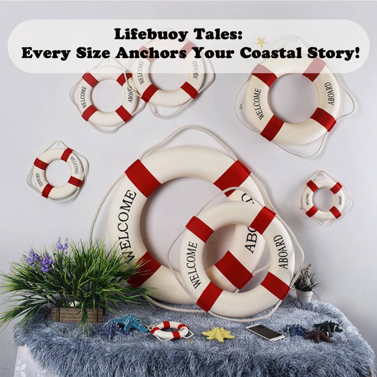 MorroMorn Lifebuoy Wall Hanging Decor - Welcome Aboard Mediterranean Style Home Decoration (Red, 14")