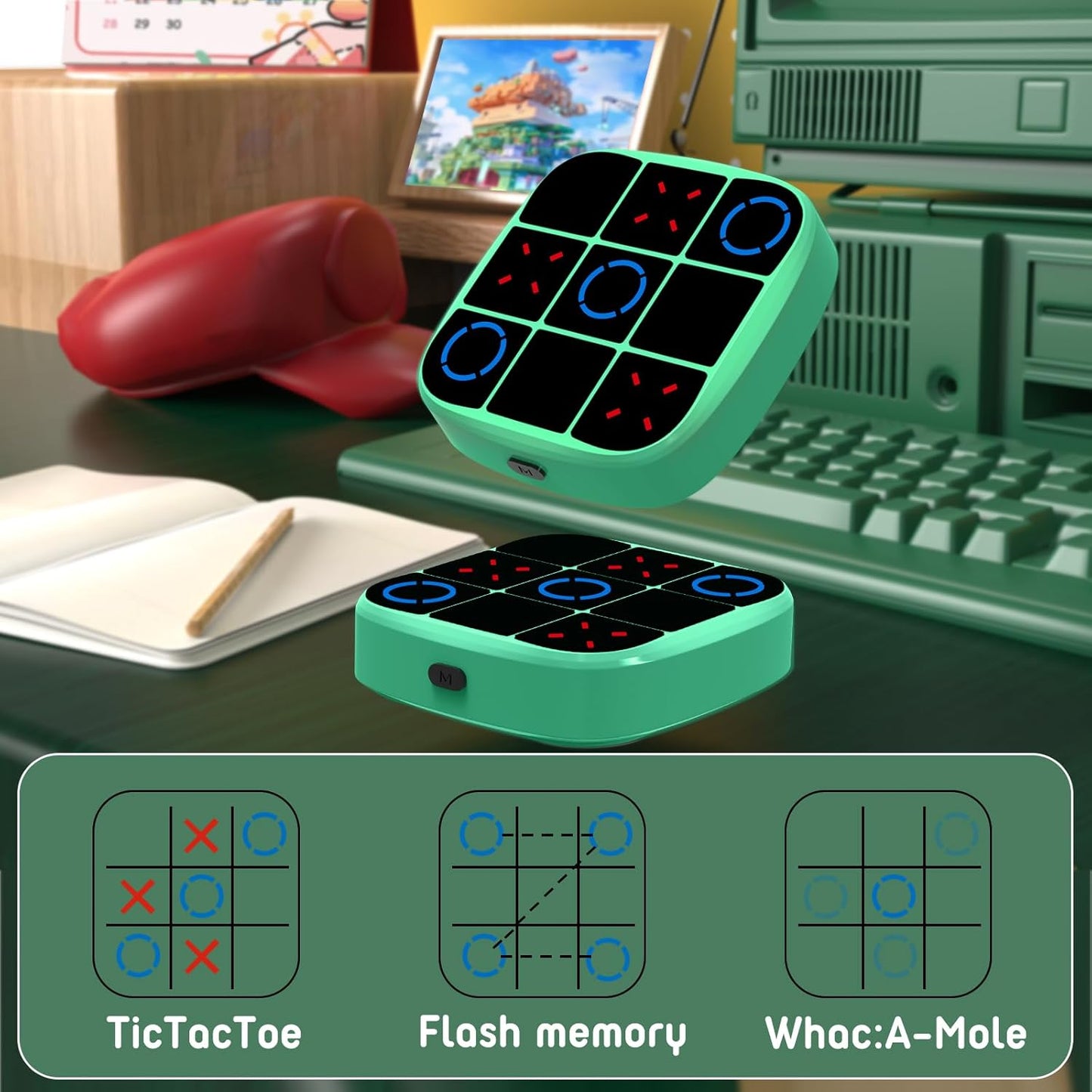 Tic-Tac-Toe Bolt Game, 4-in-1 Handheld Puzzle Games Console, Electronic Tic-Tac-Toe Game for Educational and Memory Growth, Portable Travel Games for Car Ride, Board Games for Kids and Adults (Cyan)