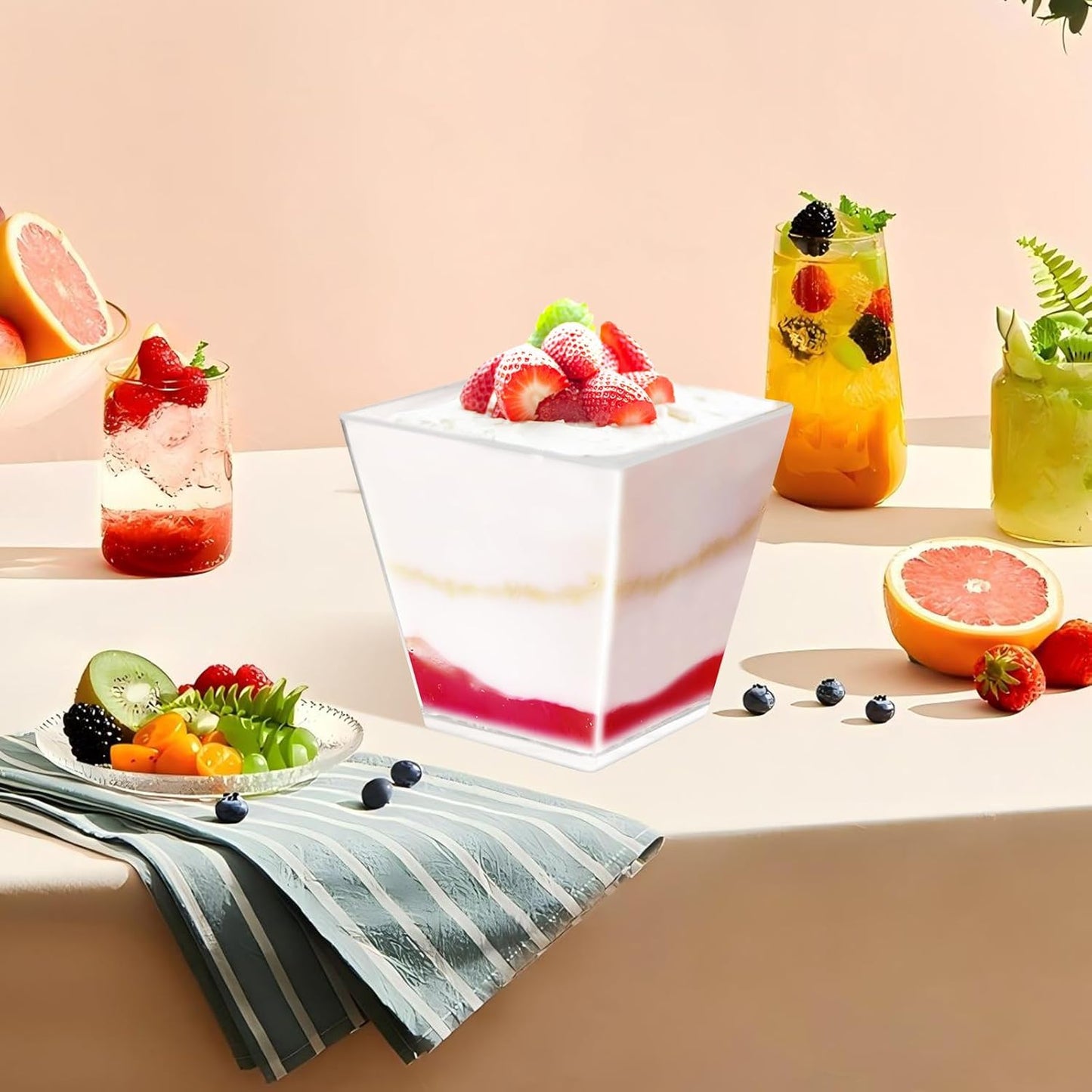 50 Pack 3.5 oz Clear Plastic Square Dessert Cups with Spoons，Mini Disposable Parfait Cups for Yogurt, Ice Cream and Tasting，Serving Cups for Appetizer，Pudding，Party (3.5 oz)