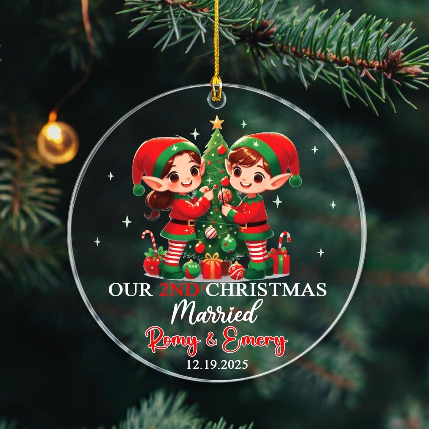 Customized Our 2ND Christmas Married Ornaments with Name & Date, Mr & Mrs Elf Married Ornament Gift for Wedding Anniversary, Personalized Mr & Mrs Elf Together Xmas Keepsake Ornament for Husband Wife