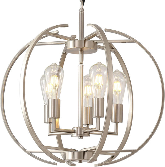 Large Lantern Globe Brushed Nickel Chandelier Lighting, Adjustable Hanging Ceiling Pendant 5 Light for Kitchen, Dining Room, Living Room, Hallway, Bedroom