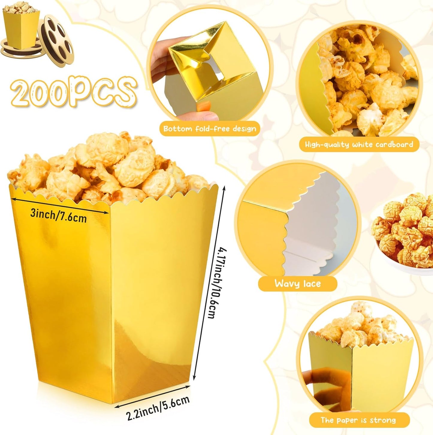 Meanplan 200 Pcs Popcorn Boxes Mini Paper Popcorn Holder Cardboard Snack Container for Party Disposable Snack Candy Bags for Birthday Wedding, 2.2 x 4.2 x 3 in(Simple,Gold)