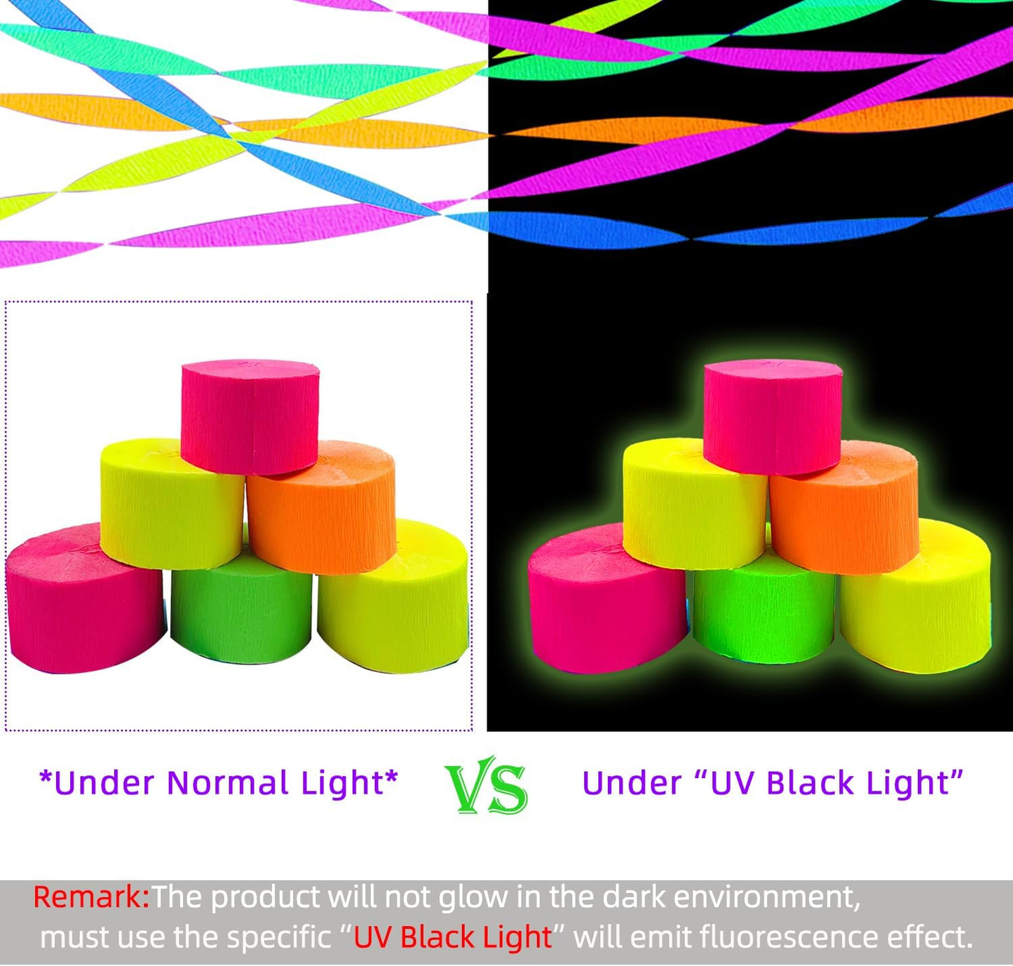 800 feet Glow Party Neon Streamer Decorations Glow Crepe Paper Streamers UV Reactive Fluorescent Neon Paper Streamers Glow in The Dark Party Supplies and Decorations Wedding Birthday Blacklight Party