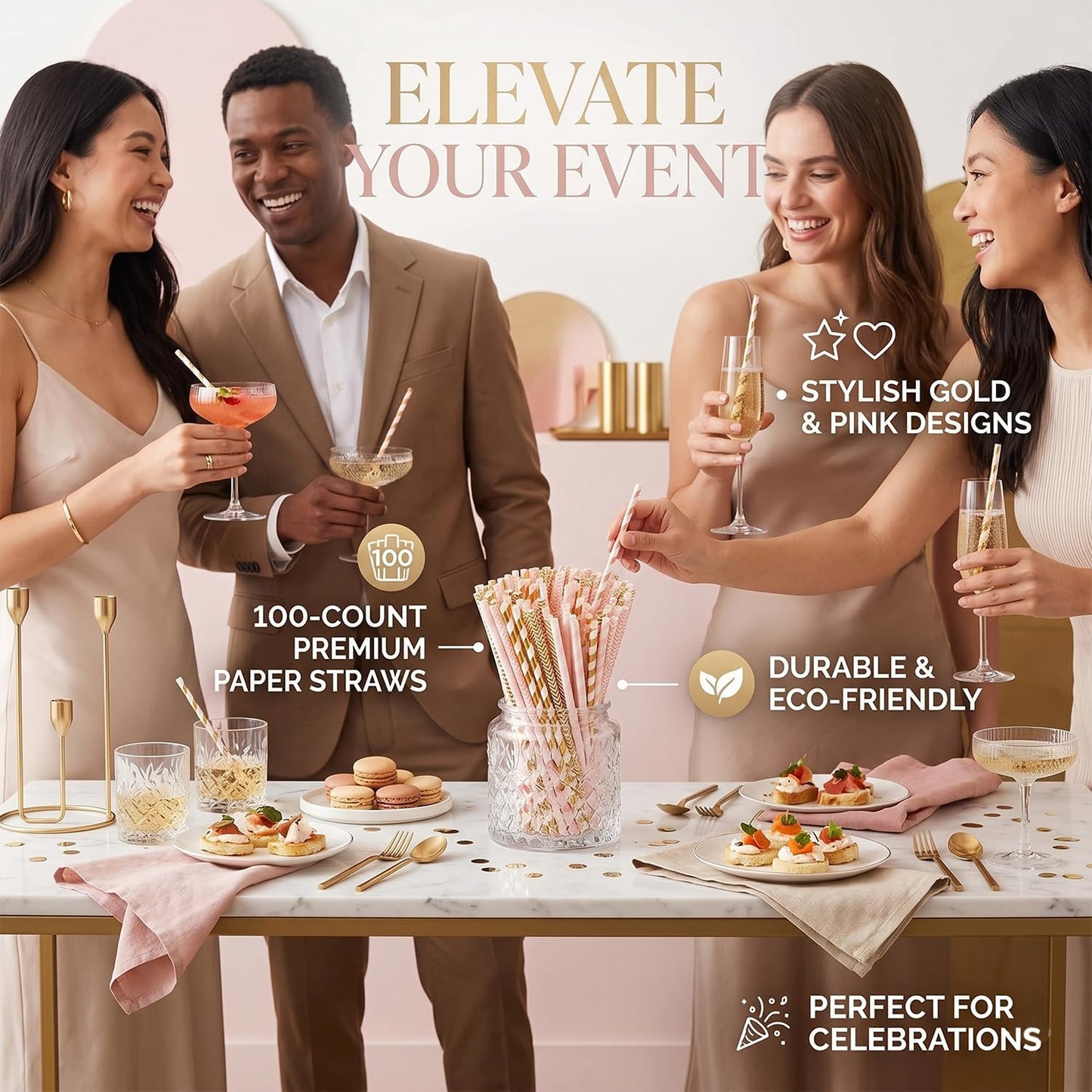 ALINK Gold Pink Paper Straws, 100 Pack Striped Party Straws