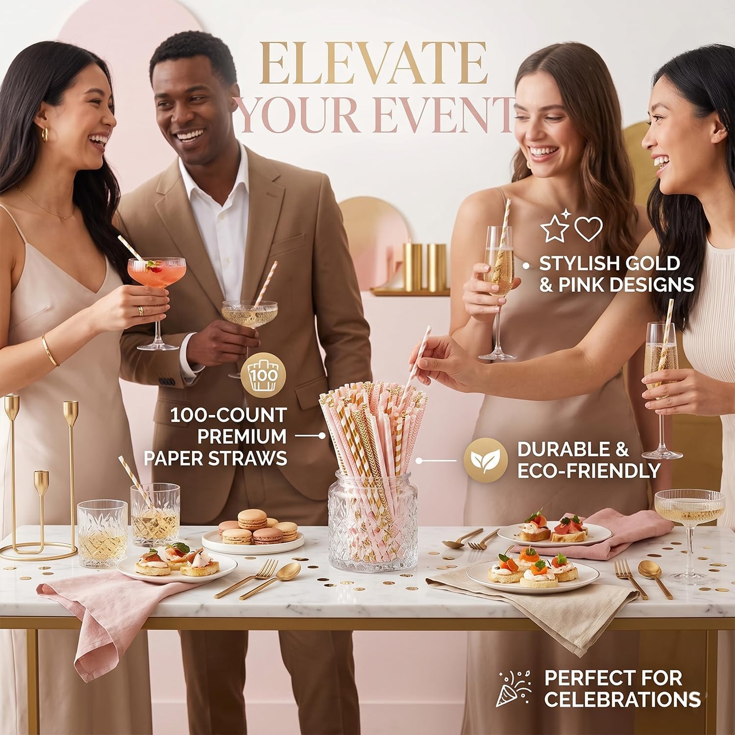 ALINK Gold Pink Paper Straws, 100 Pack Striped Party Straws