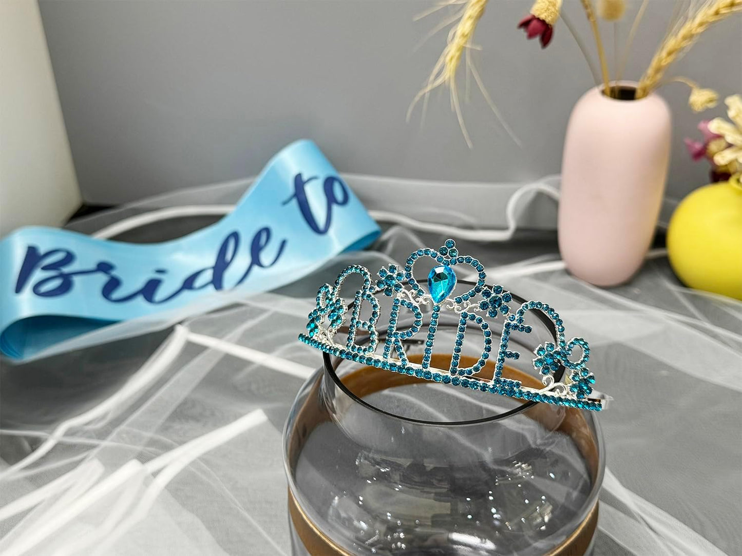 JETKONG 3 Pcs Bachelorette Party Decorations "BRIDE" Crown, Bride to Be Sash&Veil for Women Bachelorette Party Gifts, Bridal Shower Supplies, Gifts, Favors (Light Blue)