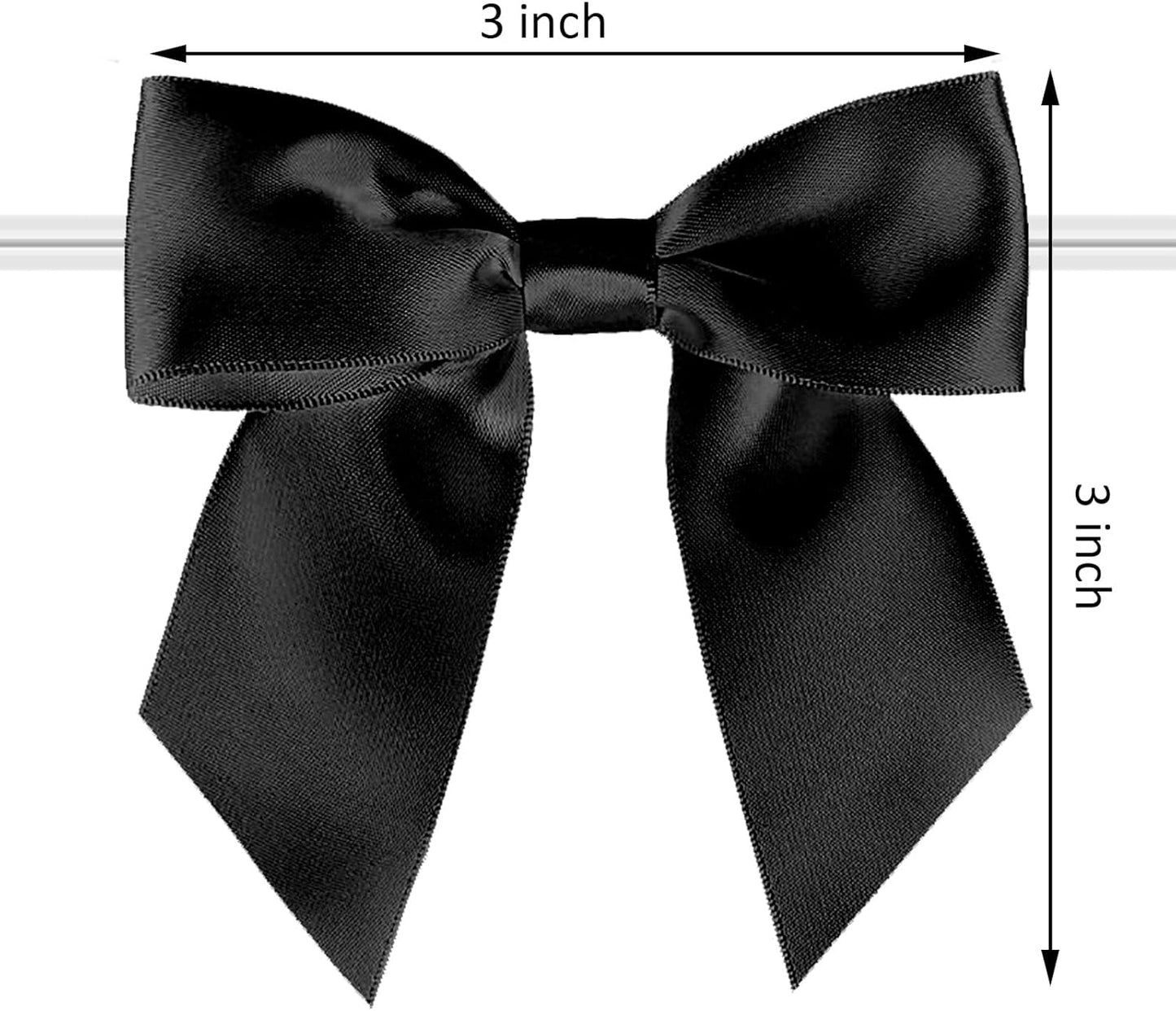 114 Pack Twist Tie Bows for Treat Bags 3" Black Satin Ribbon Bows for Package Craft, Gift Wrapping Decoration, Candy Bags, Bakery Bags, Wedding, Baptism, Tableware Decor Party Decoration