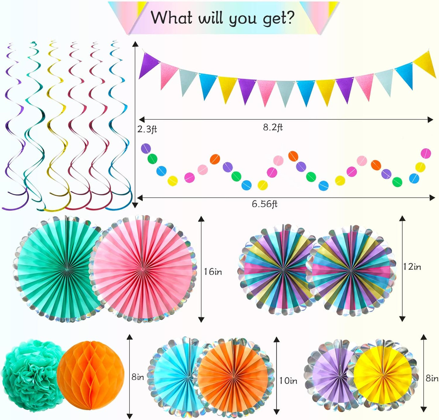 Colorful Hanging Paper Fan Party Decorations, Birthday Decorations Supplies for Women and Men, Fiesta Rainbow Colorful Fans Paper Flowers Tissue Pom and Favors Streamers Banner Decor for Adults Kids
