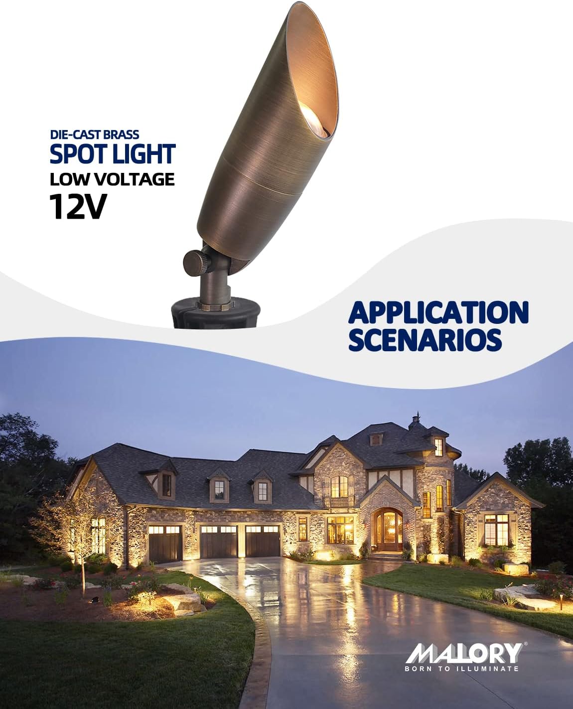 MALORY Solid Brass Landscape Spotlight 1-Pack with Bulb(S06), Low Voltage Front and Backyard Landscape Lighting with Large Rugged Slot Spike & Wire Connector,12V AC/DC Garden Patio Spot Up Light