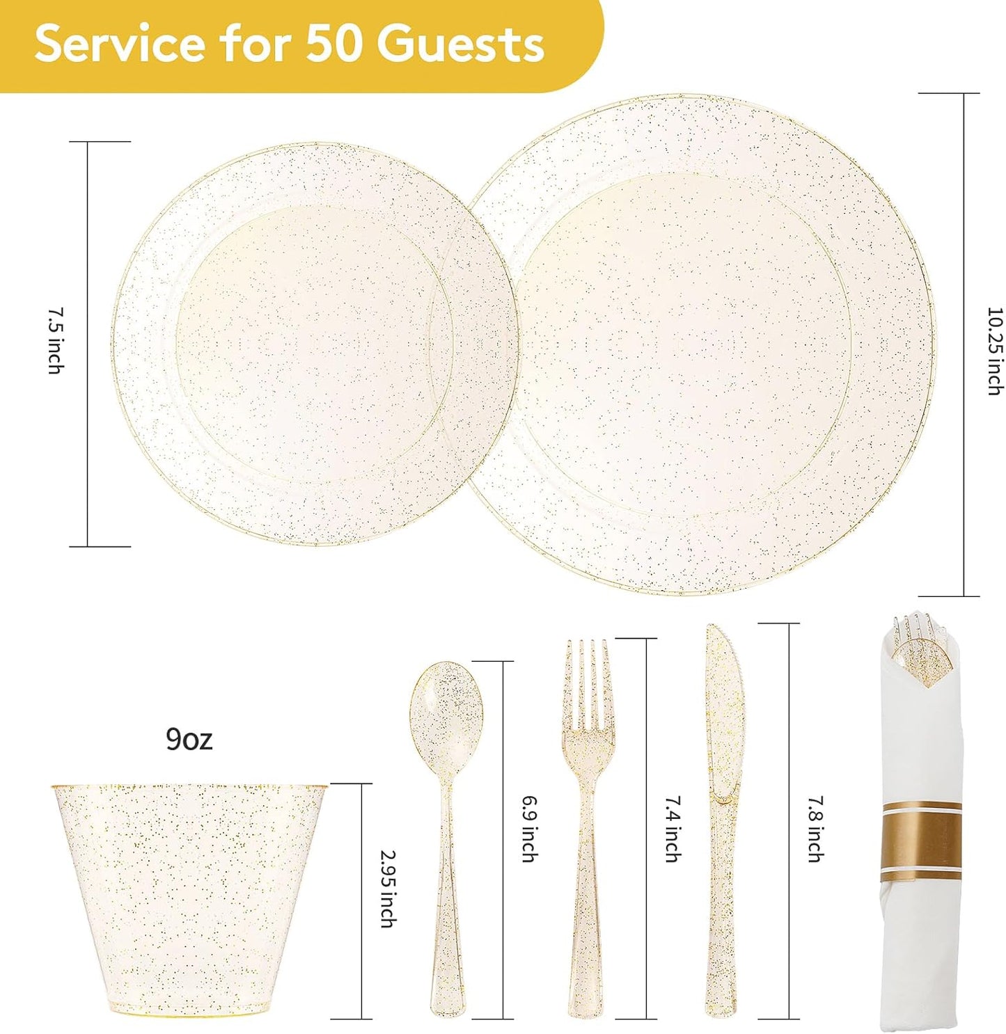 Goodluck 350 Piece Gold Glitter Plastic Dinnerware Set for 50 Guests, Disposable Plates for Party, Include: 50 Dinner Plates, 50 Dessert Plates, 50 Rolled Napkins with Silverware, 50 Cups