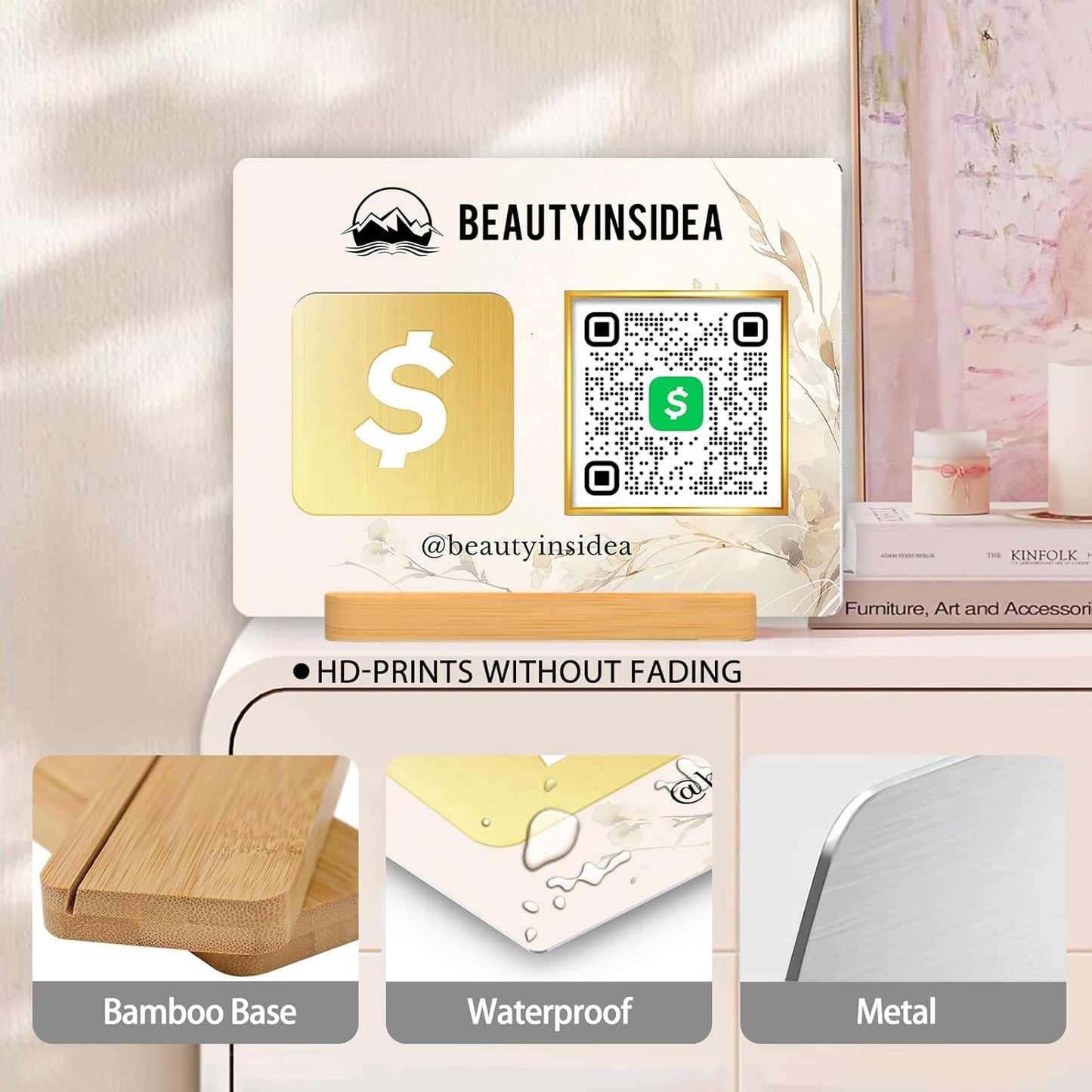 Personalized Custom Metal QR Code Sign Venmo Cashapp Scan to Pay with Stand Instagram Facebook Social Media QR Signs Bar Code QR Plaque Print for Business Salon Beauty Store Restaurant Wifi Sign (Horizontal 1)