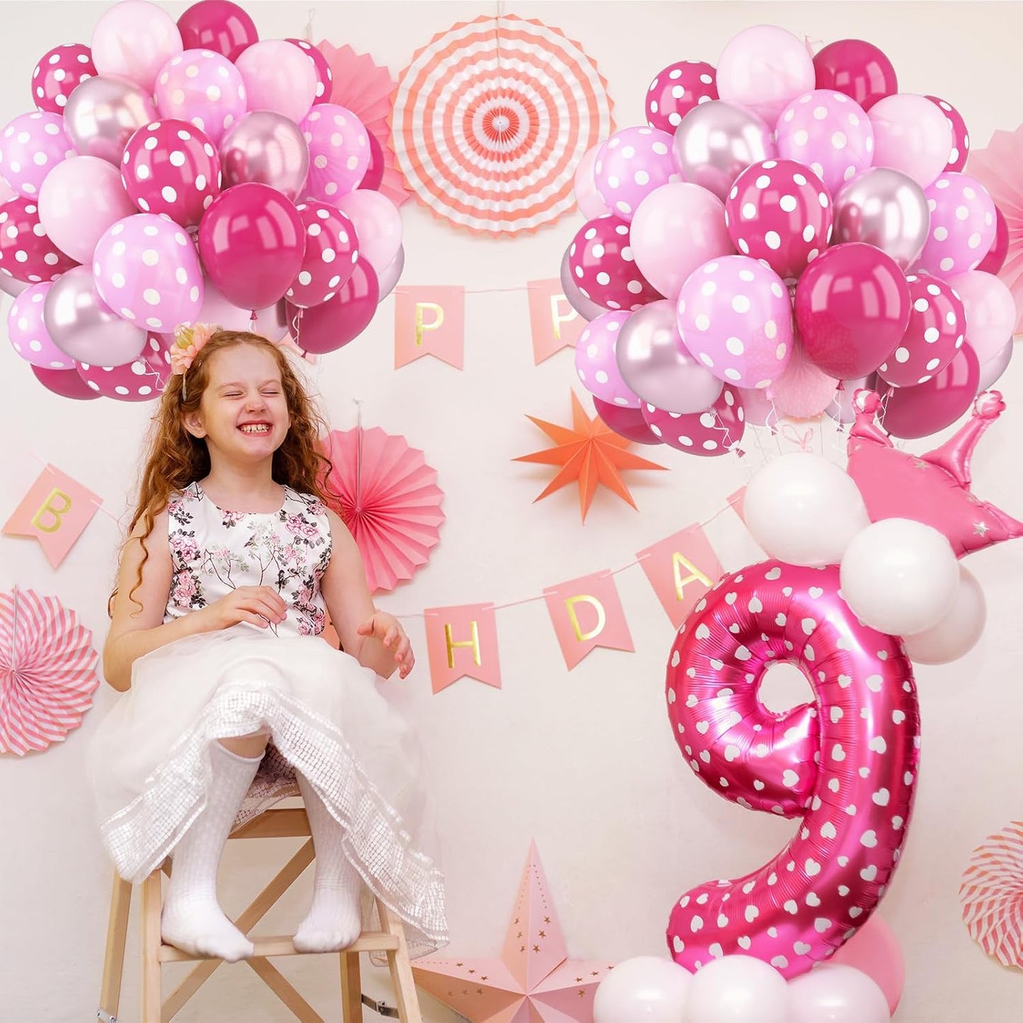 Pink Balloons, 52 PCS Metallic Pink Balloon with Hot Pink and White Dots Confetti Birthday Balloons for Girls Princess, Baby Shower Women Bride Wedding Party Decorations