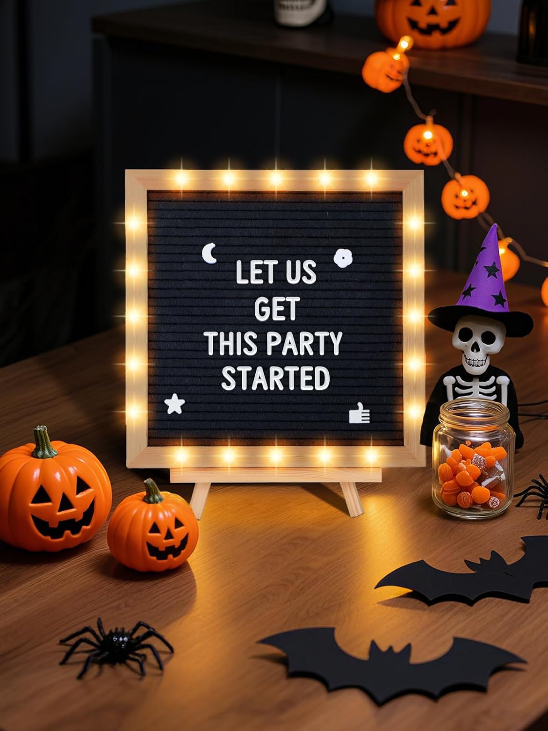 Light up Changeable Felt Letter Board Sign with LED Lights - 10×10" Message Board & Wood Stand & 450 Letters, for Halloween/Birthday/Event/Pregnancy/Baby Announcement/Home Wall Decor Gifts, Black