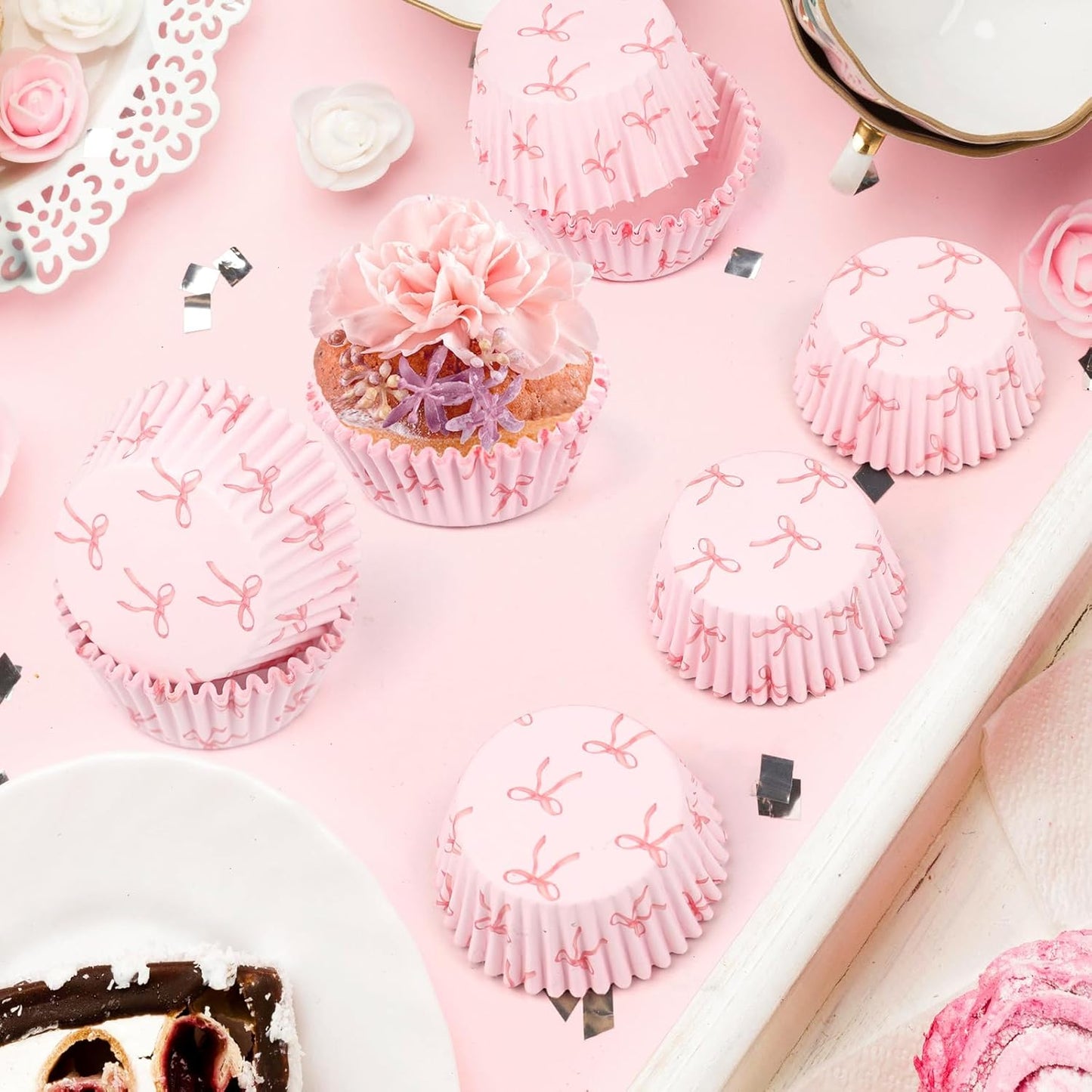 300pcs Pink Bow Cupcake Liners, Bow Cupcake Wrappers Pink Baking Cups for Wedding and Birthday Party Baking Supplies