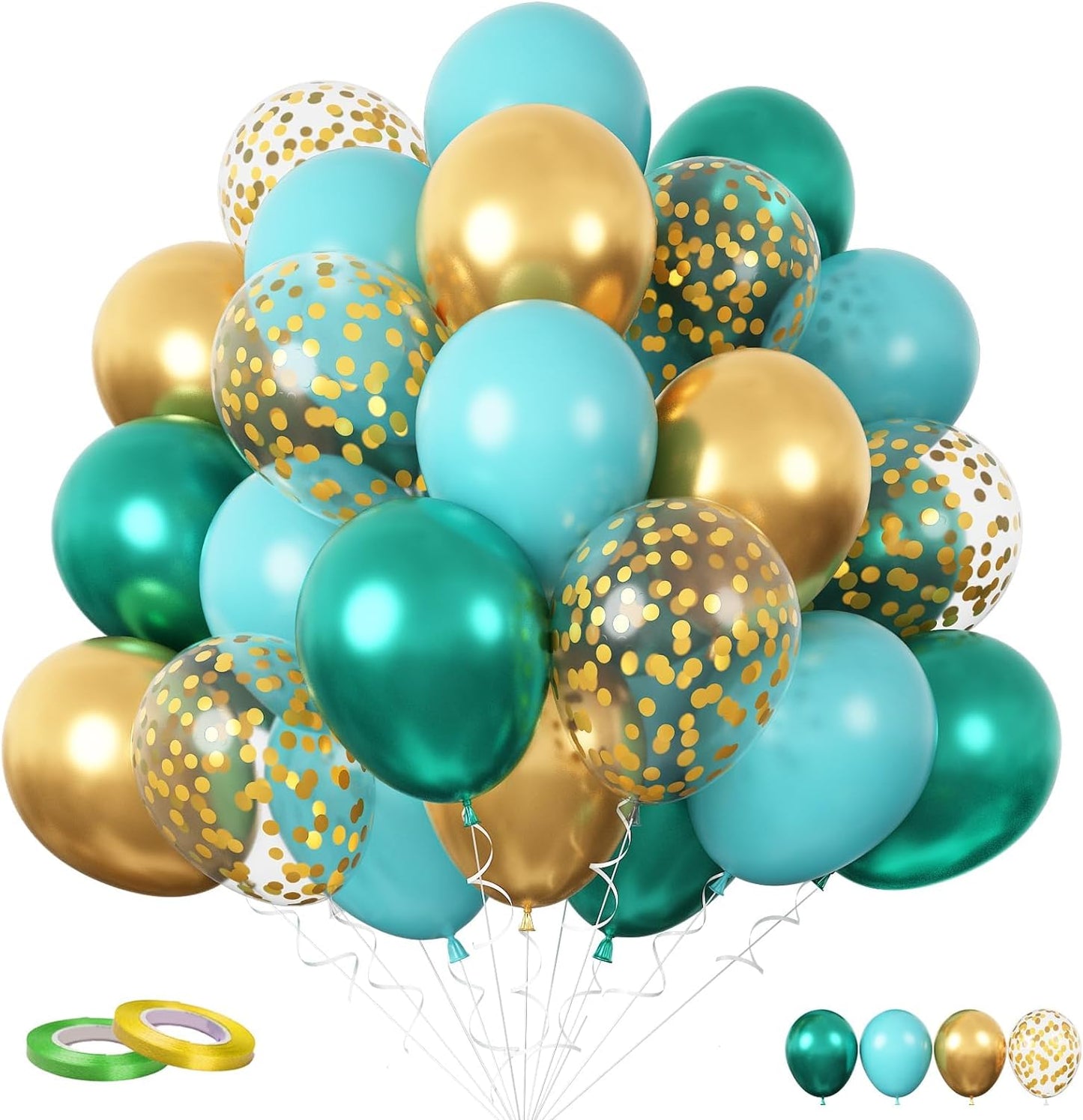FunHot Teal Balloons, 60 Pcs Gold Turquoise Balloons, 12 Inch Metallic Gold Dark Green Gold Confetti Balloon Teal Blue White Latex Balloon for Wedding Birthday Baby Shower Party Decorations