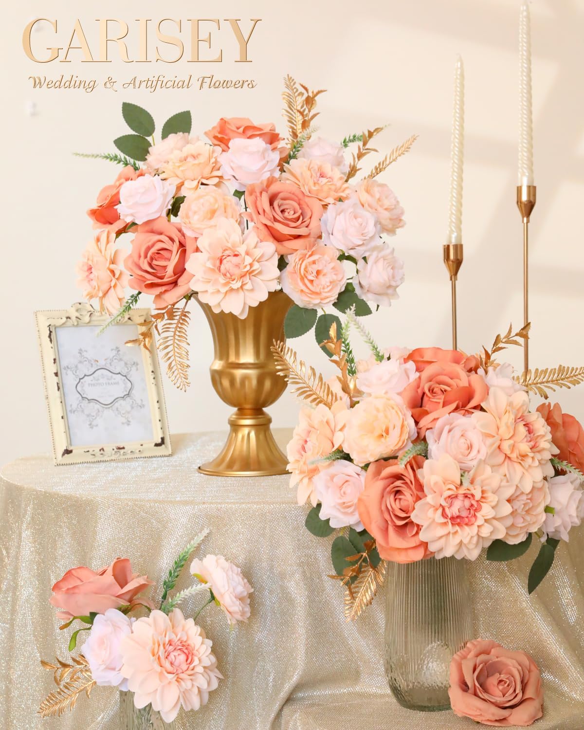 Artificial Flowers Combo, Mix Silk Flowers Roses, Peonies, Dahlias with Stems for DIY Wedding Bridal Bouquets, Baby Shower, Table Centerpieces, Home Decor, Fake Floral Arrangements-Champagne