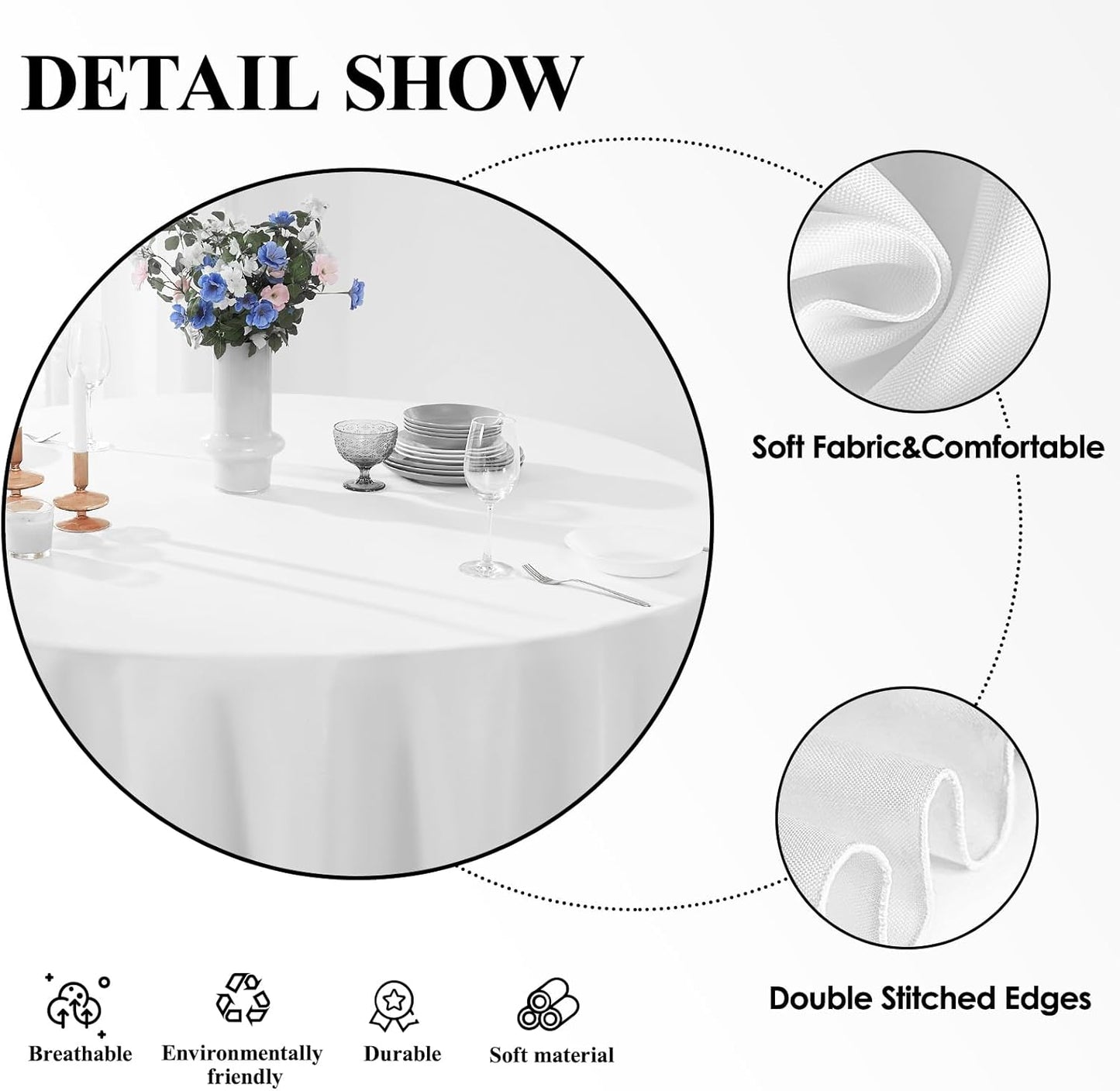 Round Tablecloth 2 Pack 108 Inch White Tablecloths Washable Decorative Linen Polyester Table Clothes Cover for Dining Table Banquets Buffet Parties and Wedding