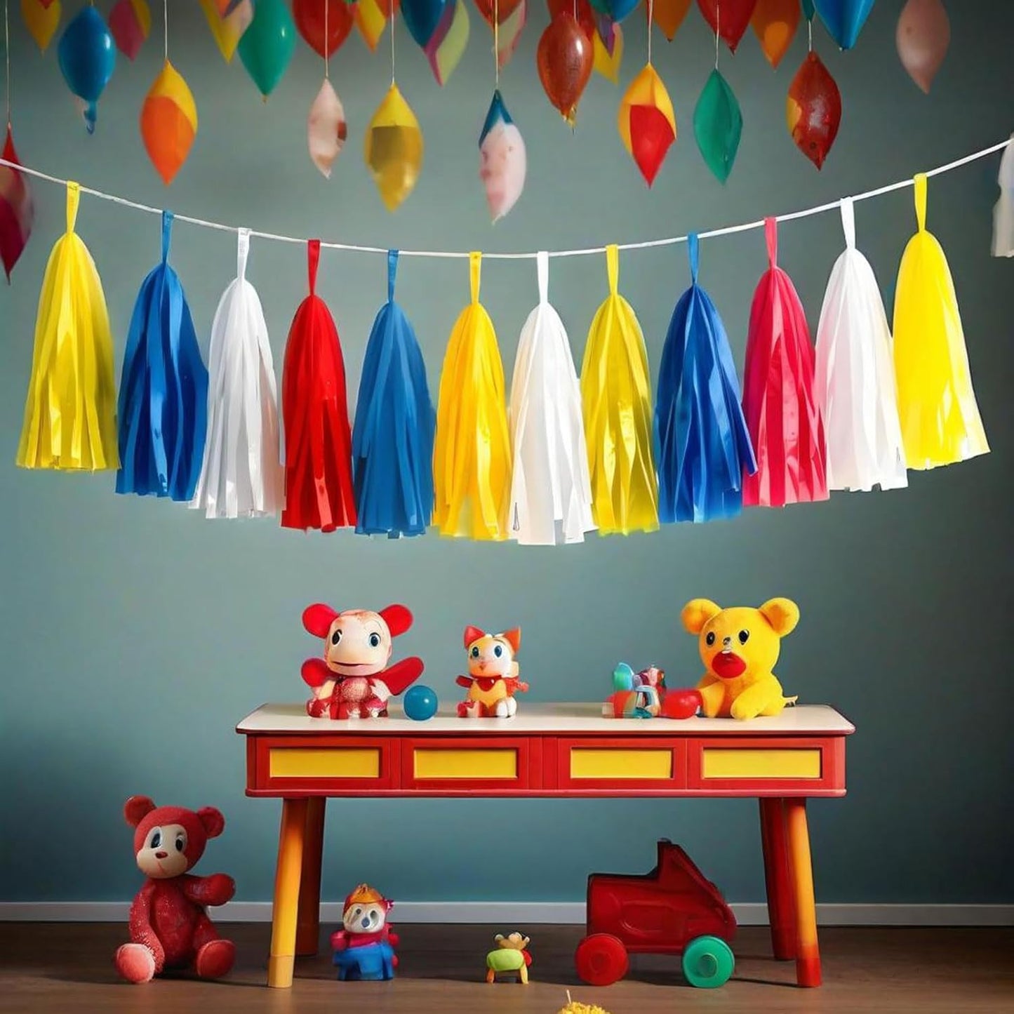 Tissue Paper Tassel Garland Banner, 20 Pack, Red Blue Yellow White, Party Decorations for Birthday, Baby Shower