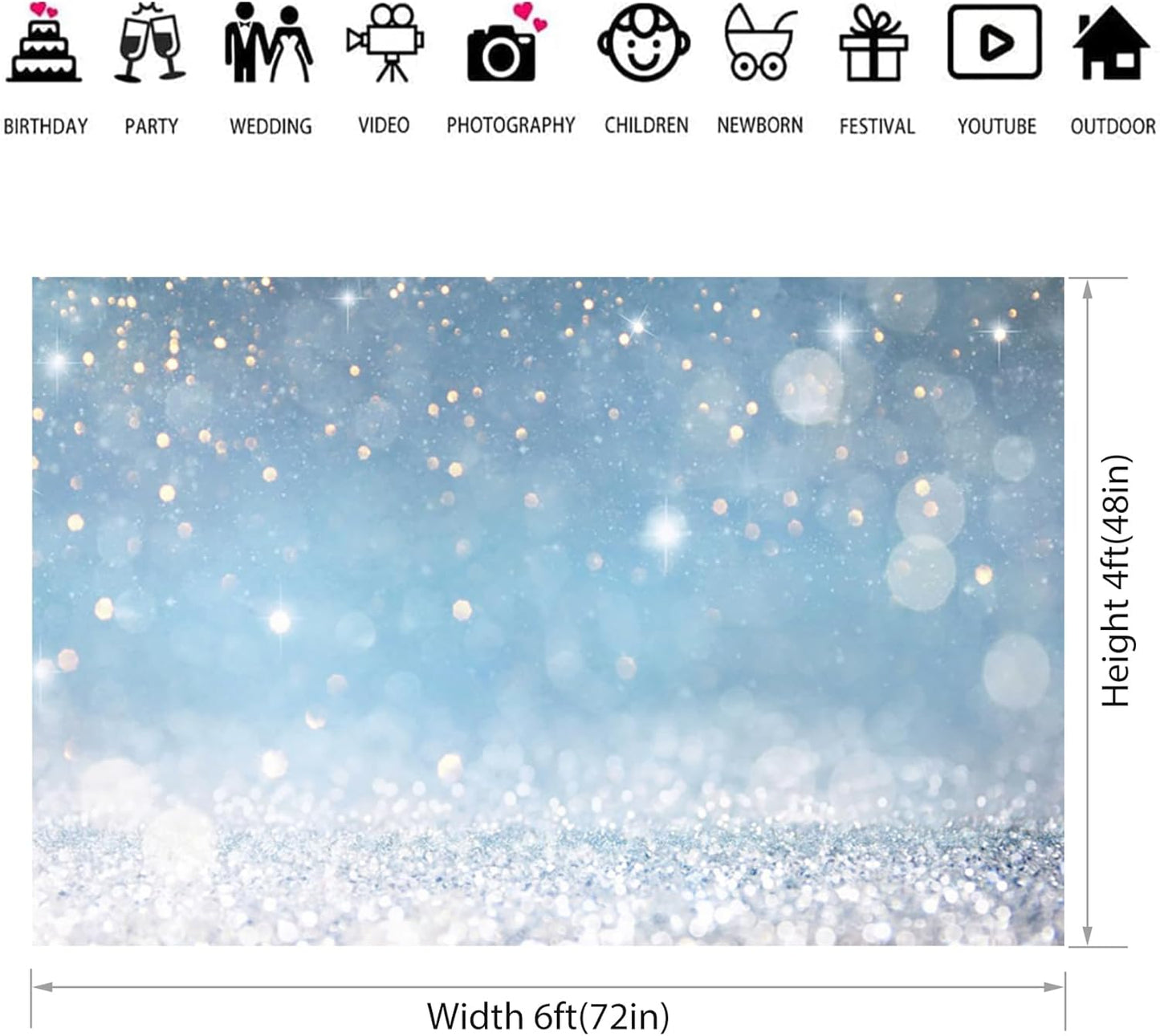 6x4ft Blue Bokeh (Not Glitter) Backdrops Birthday Party Abstract Golden Sparkling Spots Photography Background Baby Shower Wedding Prom Graduation Party Bokeh Decor Banner Photoshoot Props