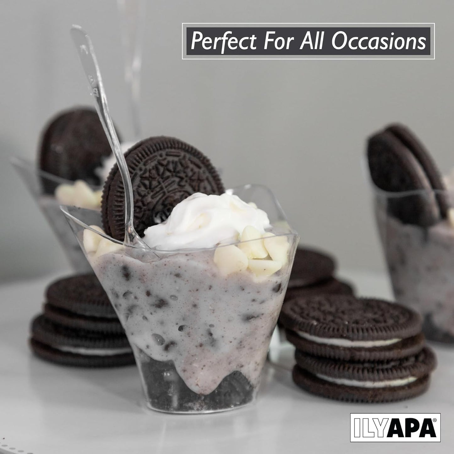 Ilyapa 3.5oz Plastic Dessert Cups - 100 Pack Mini Dessert Cups with Spoons - Clear Reusable Small Appetizer Cup for Cheesecake Shooters, Chocolate Mousse - Party and Catering Supplies - Parfait