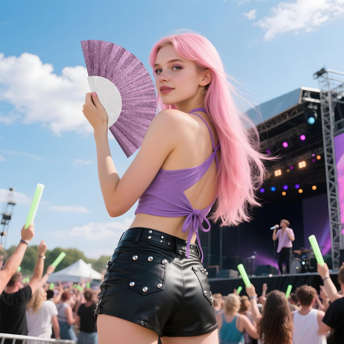 12 Pack Handheld Fan,Folding Hand Glitter Fan with Shining Transparent Fan Rib – Ideal for Wedding, Church, Festival, Dance, Tea Party, Club, and EDM Accessories, Purple