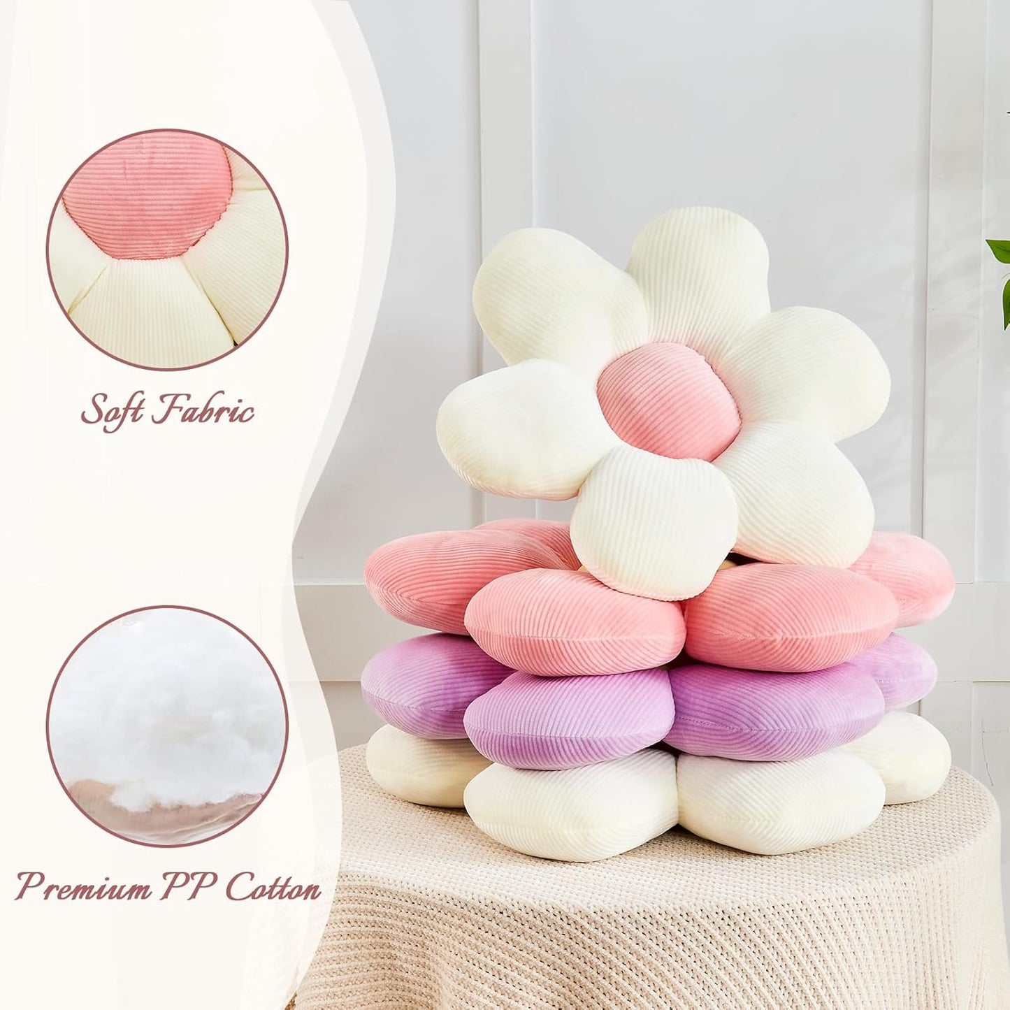 White Pink Flower Pillow, 19.6" Cute Flower Shaped Floor Pillow, Aesthetic Floral Plush Daisy Decorative Throw Pillows for Bed Sofa Couch