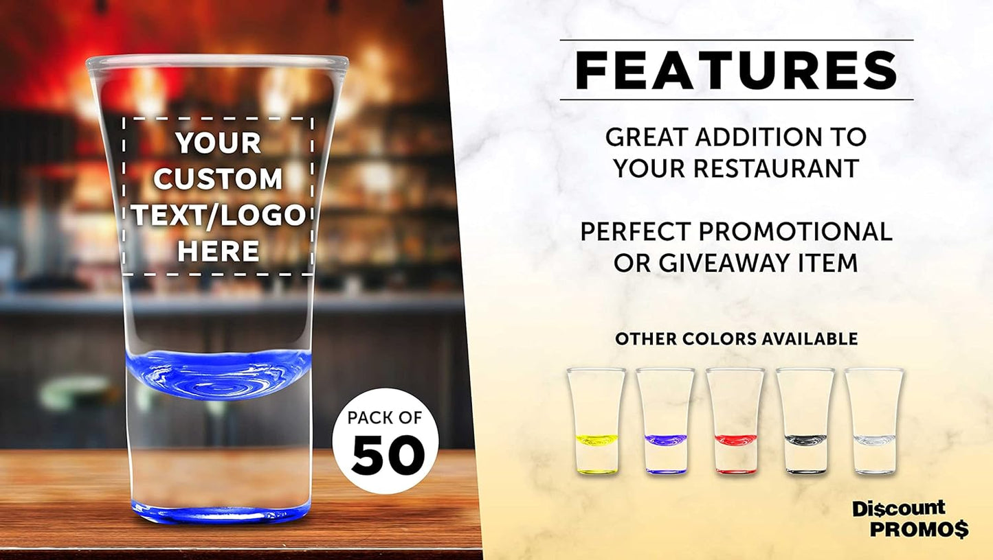 Custom 2 oz. Lord Shooter Etched Shot Glasses, 50 pack, Personalized Text, Logo, 21st Birthday Party, Lounge Glassware, Blue