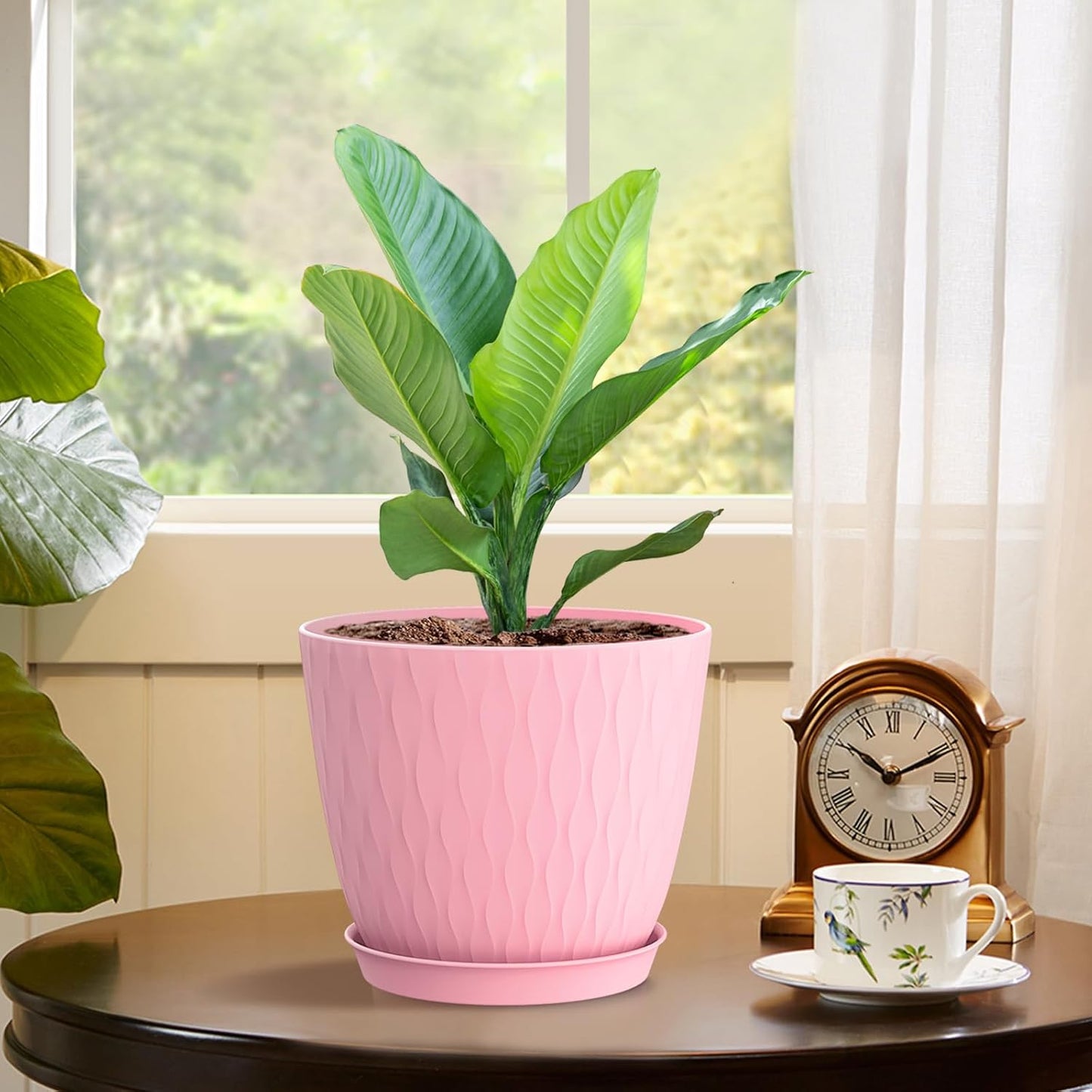 6 inch Flower Pots, 5 Pack Plant Pots with Drainage Holes and Saucers for Indoor Plants, Plastic Planters with Water Ripple for Small Garden House Plants, Nursery Pots for Succulent, Colorful