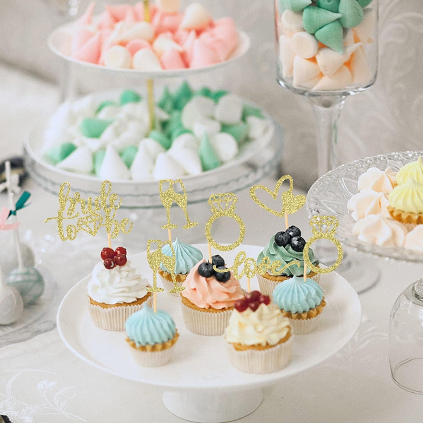 35 PCS Glitter Diamond Ring Bride to be Love Cupcake Topper Champagne Cake Picks Decorations for Bridal Shower Wedding Engagement Party Supplies, Gold