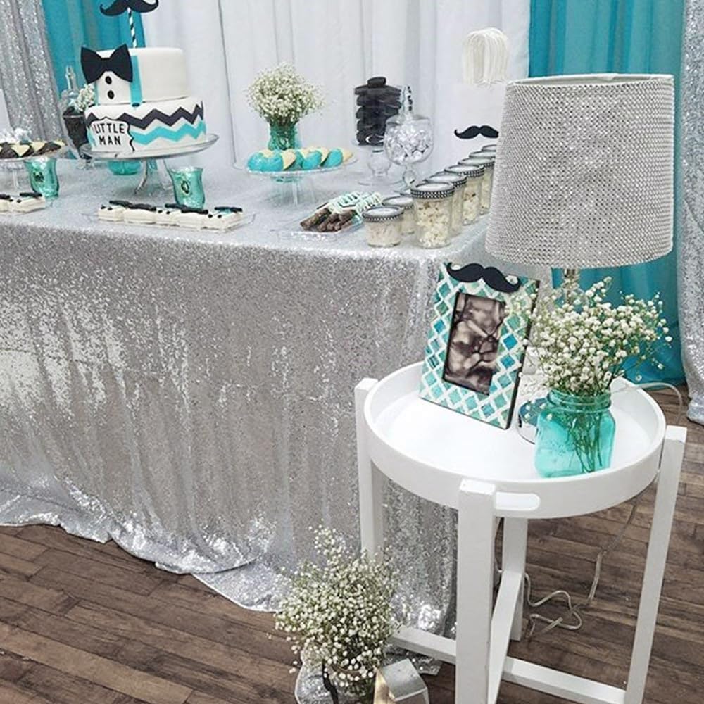 ShinyBeauty 2 Pack 72x72 Inch Silver Sequin Tablecloths - Elegant Square Glitter Tablecloth for Wedding, Birthday, and Party Decorations