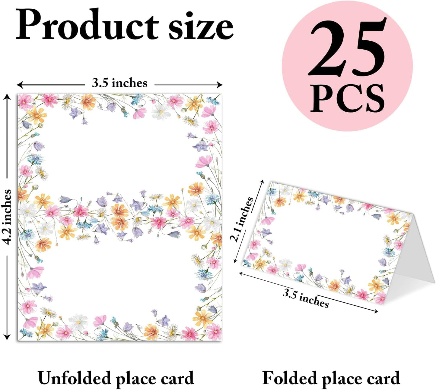 25 Pack Wildflowers Place Cards, Editable Name Cards for Table Setting, Tent Cards Food Label for Dinner Party, Bridal Shower, Wedding, Baby Shower and Events -T07