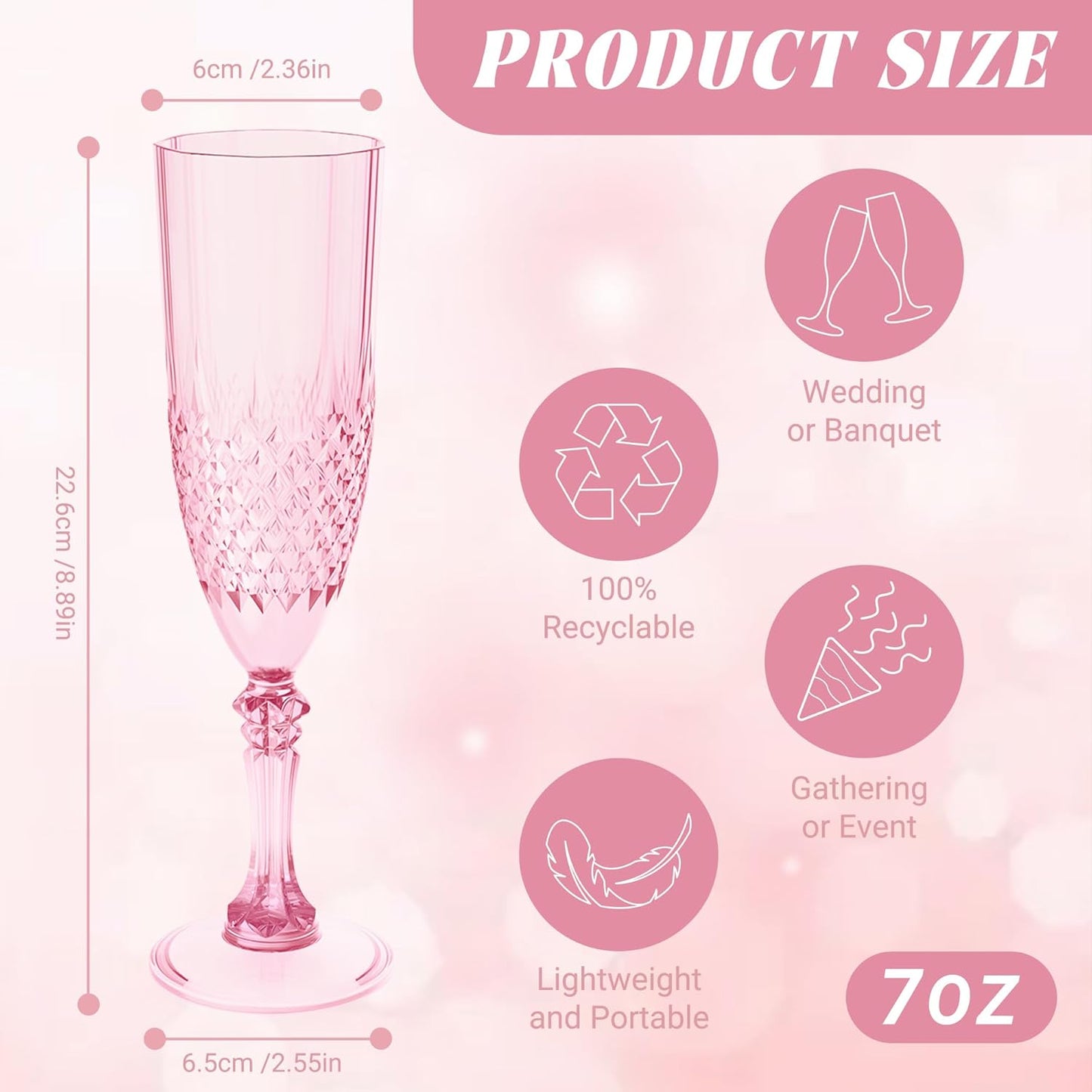 Plastic Champagne Flutes, 24PCS Pink Wine Glasses Goblets Cups Reusable Flute, for Weddings Bachelor Parties Toasting and Events (24, Pink)