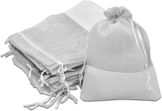 TheDisplayGuys For Your Modern Living 24-Pack Linen & White Organza Gift Bags with Drawstrings (Medium 5 x 7 1/4) - Party Favors, Samples, Treats Mesh Pouches