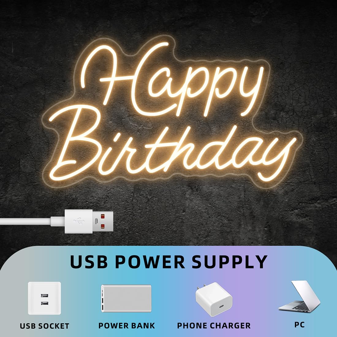 Happy Birthday Neon Sign for Birthday Party 16.5x9.8 inch Warm White