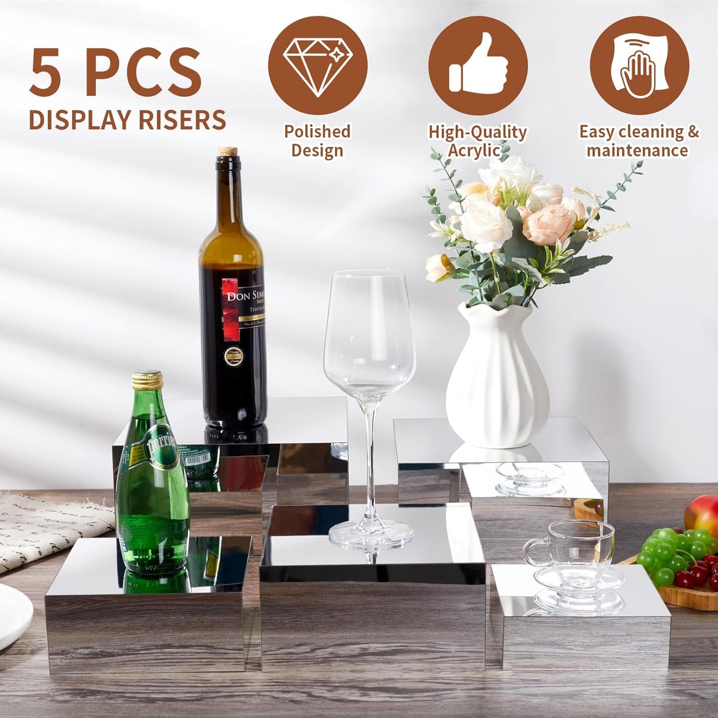 Acrylic Risers for Display 5 Pcs, Food Risers for Party Silver Acrylic Risers Display Stands Acrylic Box Nesting Display Risers for Jewelry Bag Cosmetics Catering Dessert Collectibles