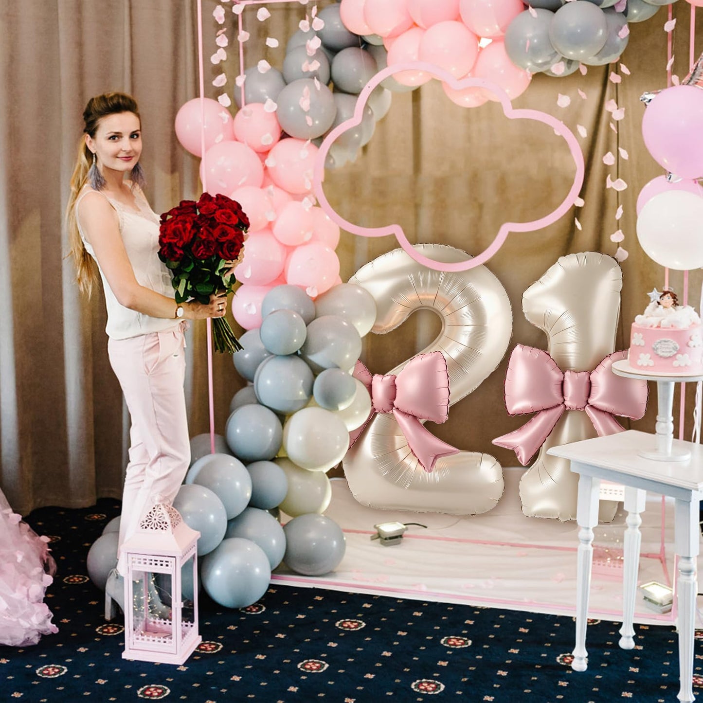 40 Inch Cream Number 1 Balloon with Pink Bow, Coquette Aesthetic Foil Balloon for Birthday