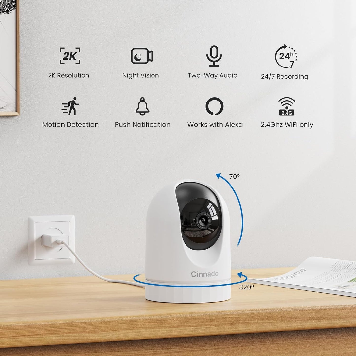 2K Home Security Cameras-2.4Ghz WiFi Indoor Camera with 360° Motion Detection for Pets/Nanny/Baby/Dog, 2 Way Audio, 24/7 SD Card Storage, Cloud Storage, Works with Alexa & Google Home, D1 4P