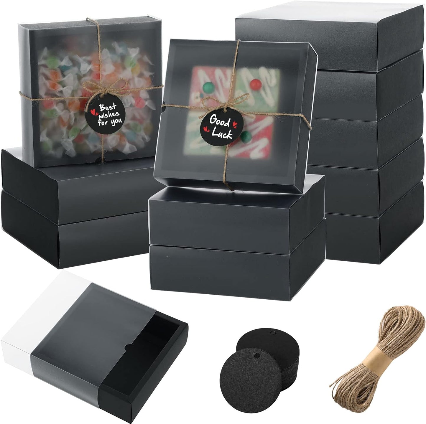 Roowest 50 Sets Kraft Soap Boxes Rectangle Packaging Box with Window Homemade Gift Box with Blank Tags and Jute String for Jewelry Candy Wrapping Party Favor(6.5 x 6.5 x 2 Inch,Black)