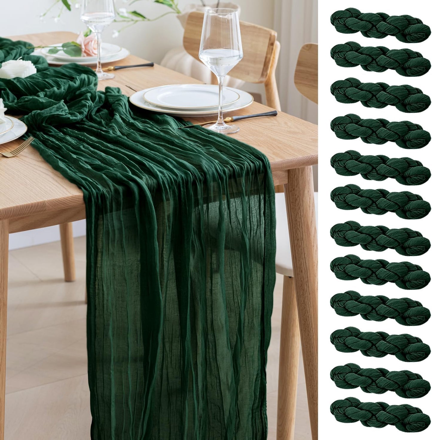 Asee'm 12PCS Table Runner Cheesecloth 10FT Emerald Green Boho Gauze Fabric Rustic Sheer Cheese Cloth Runners for Wedding Bridal Shower Party