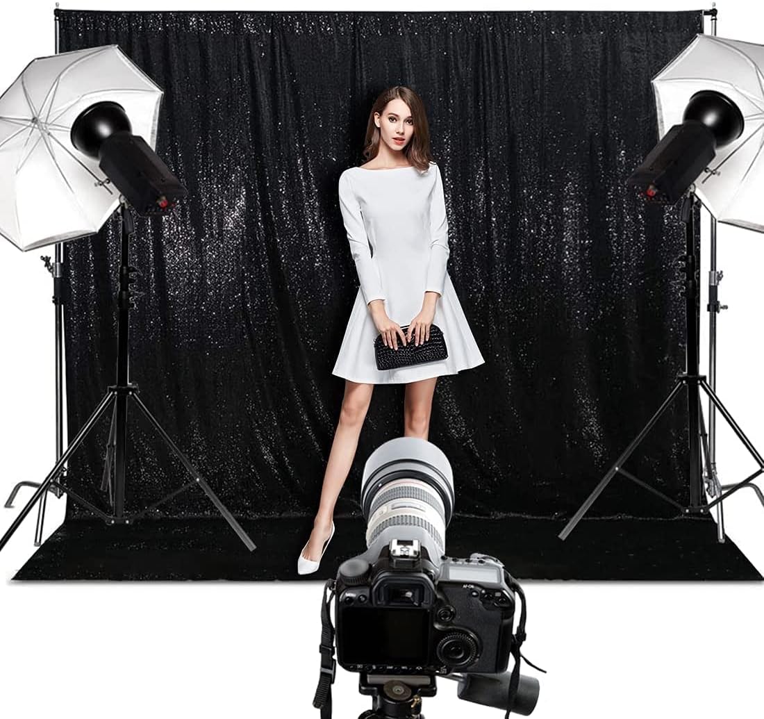 Poise3EHome 5Ft x 7Ft Black Sequin Backdrop, Glitter Thick Sequin Background Drapes Sequence Xmas Thanksgiving Backdrop for Wedding Party Holiday Festival Decor