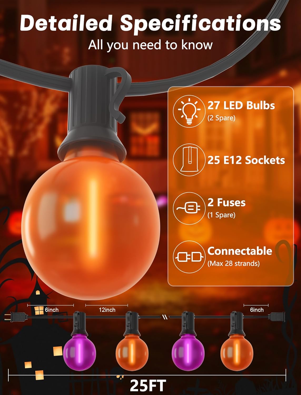25ft Halloween String Lights Outdoor - G40 LED Orange and Purple String Lights with 27 Frosted Globe Bulbs(2 Spare), Vintage Halloween Decorations for Patio Balcony Porch Yard