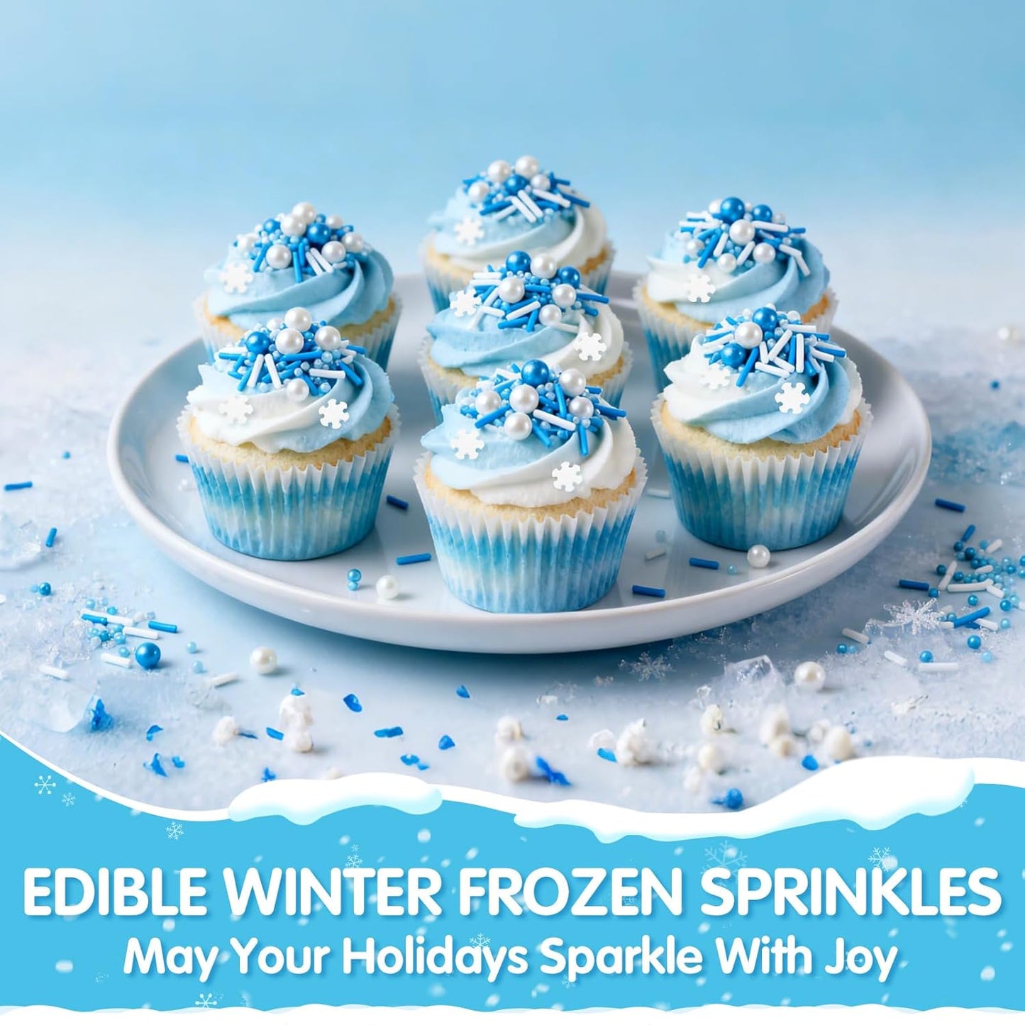Edible White Snowflake Sprinkles,Blue White Nonpareils Pearls Jimmies Mix Sugar Sprinkle,100g,Snow Block Candy for Cake Decorating,Holiday Cake Decorations,Dessert,Cookies,Christmas Winter Baking Decorating