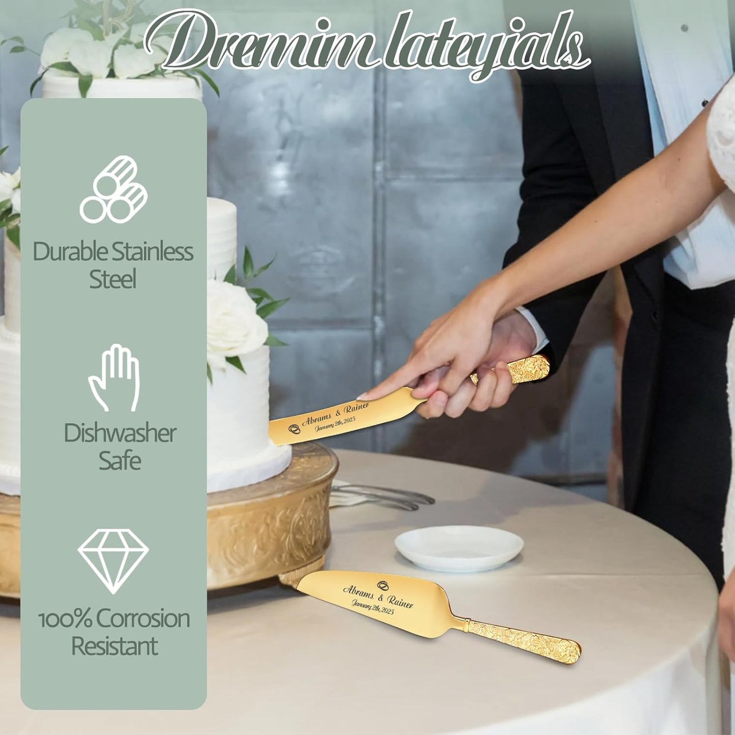 HJX Personalized Wedding Cake Knife and Server Set - Custom Name Engraved Cutting Set with Elegant Gift Box, Ideal for Bridal Wedding Anniversary Birthday Gifts (Embossed handle)