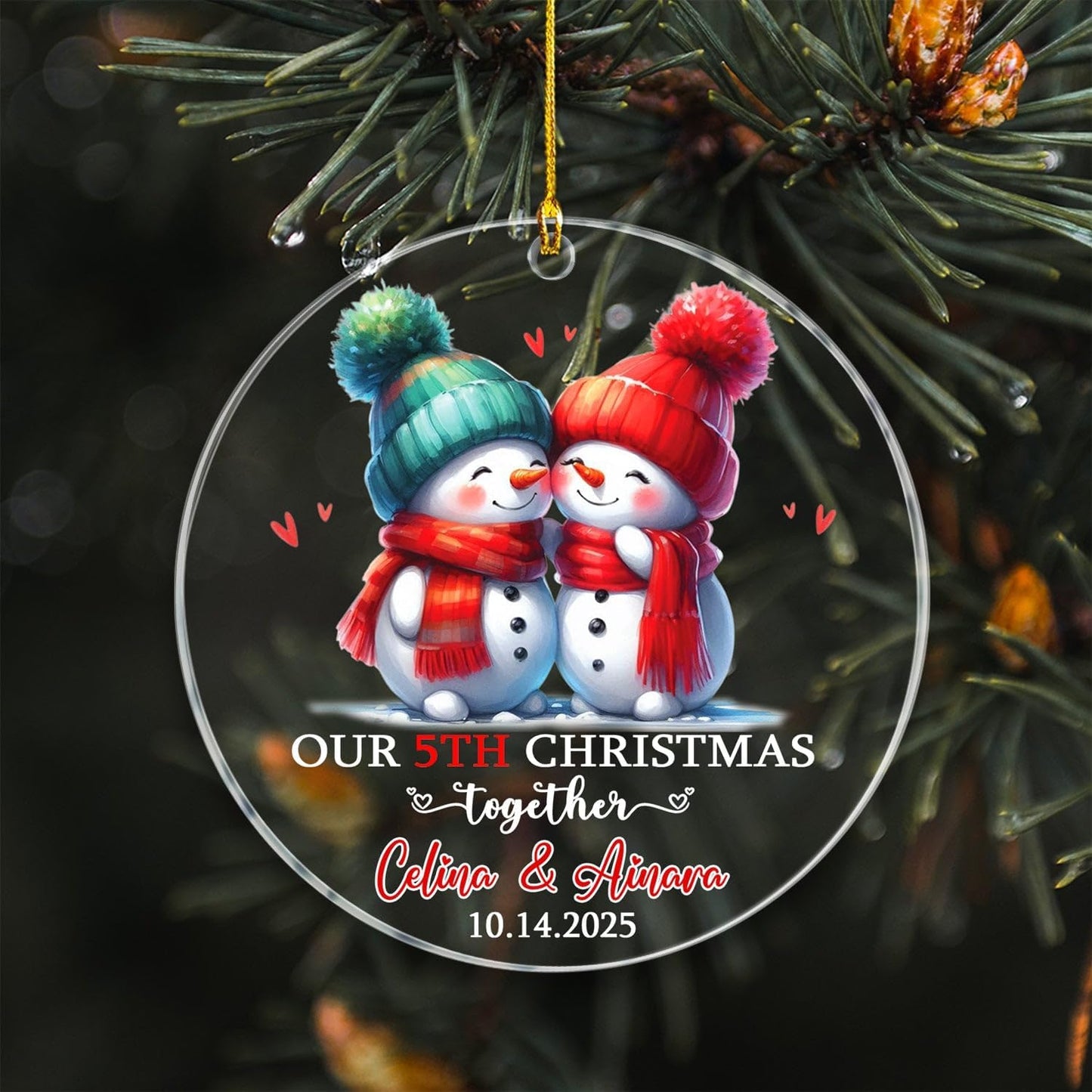 Personalized Our 5TH Christmas Together Ornament, Customized Date & Names Mr & Mrs Snowman Together Keepsake Ornament Gift for Wedding Anniversary, Married Couple Snowman Christmas Ornaments Gifts