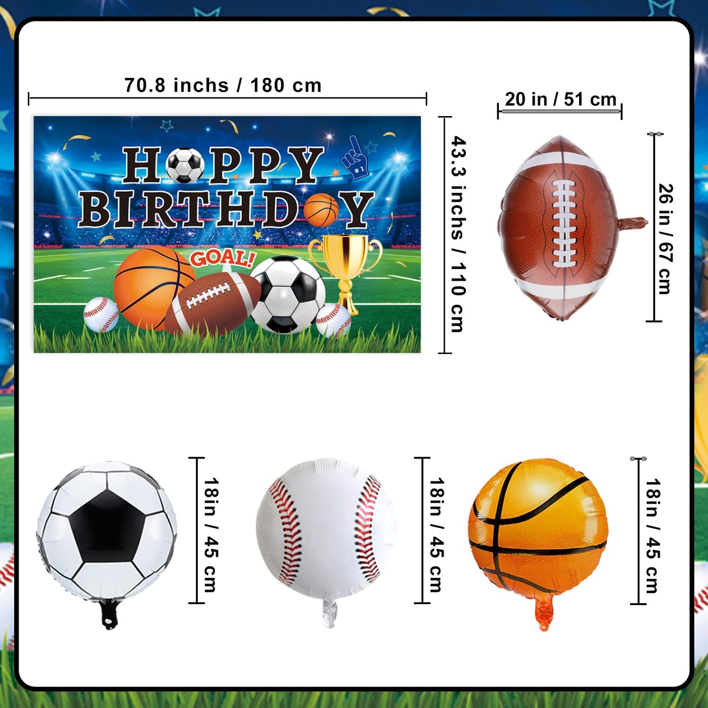 Sports Birthday Party Decorations Includes Banner, Backdrop, Foil & Latex Balloons, Cake & Cupcake