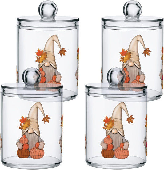 Gredecor 4 Pack Apothecary Jars with Lid Fall Gnome Maple Pumpkins Qtip Holder Dispenser Storage Containers Clear Plastic Cute Fall Autumn Thanksgiving Theme Canisters for Bathroom Vanity Organization