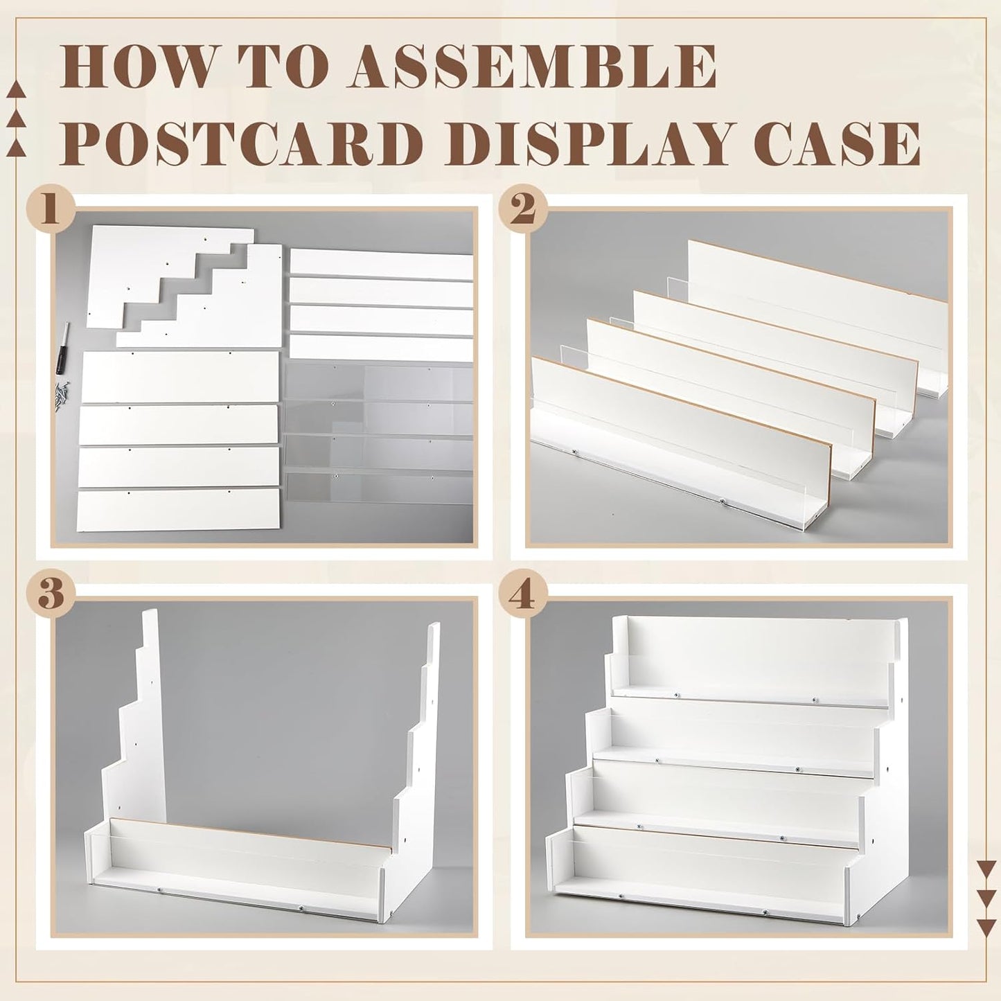 4 Tier Greeting Card Display Stand White Bamboo and Acrylic Sticker Display Stand Trading Card Holder Retail Photos Shelf for Vendors Craft Collection & Show