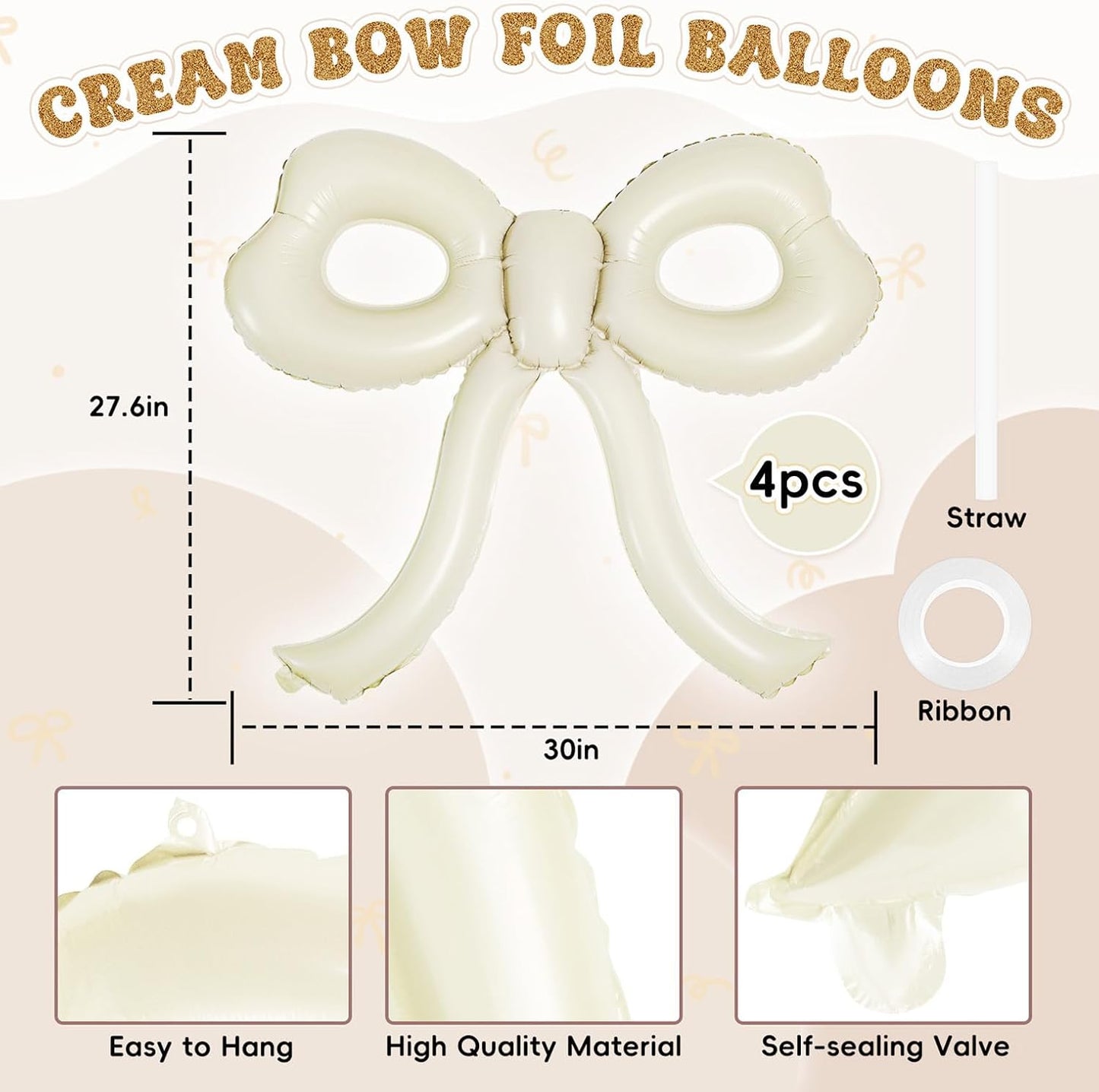 4 Pcs Bow Birthday Decorations Cream Bow Balloons for Girl Women Bow Themed Party Decorations Giant Foil Beige Balloons for Birthday Baby Shower Gender Reveal Wedding Decor Party Supplies