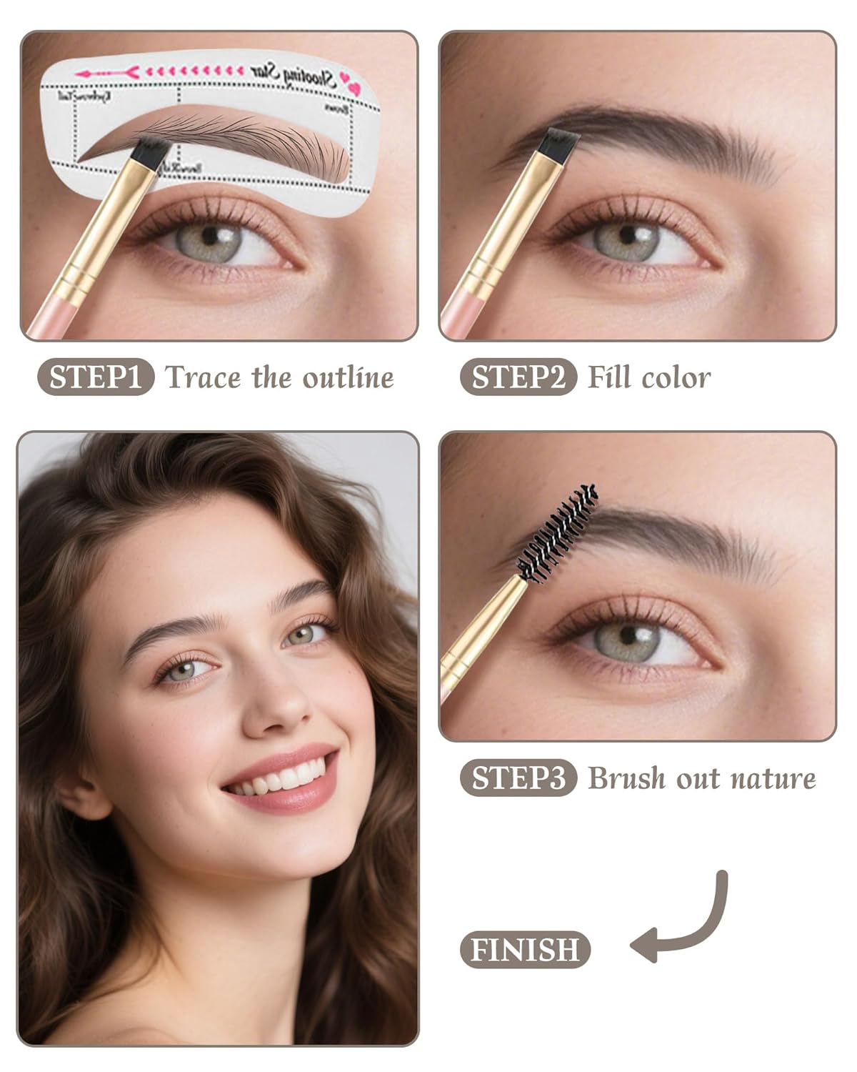 Waterproof Eyebrow Powder Kit - 3 Colors Long-Lasting Brow Powder Palette with Brush Razor & Stencil, Natural Tinting Powder for Women Sparse Brows | #02 Medium Brown, Grey, Black