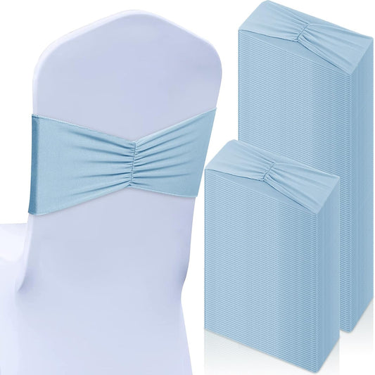 Moukeren 100 Pcs Spandex Chair Sashes Bows Bands Slider Sashes for Chair Covers Elastic Bands Ties Ribbon Decorations for Wedding Party Events Ceremony Birthday Banquet(Sky Blue)